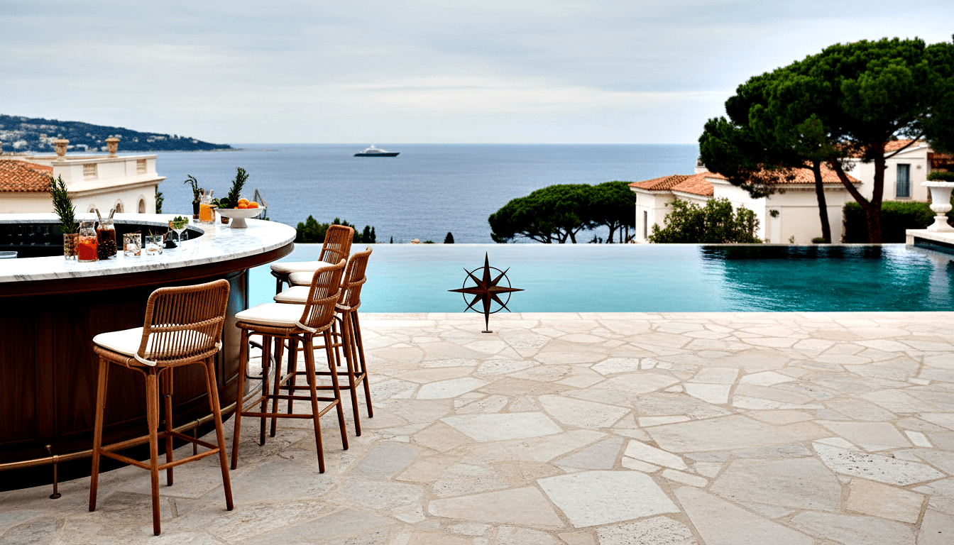 Stone terrace bar with white marble countertop, rattan barstools, cocktails and fruit; infinity pool merging with ocean under overcast sky.