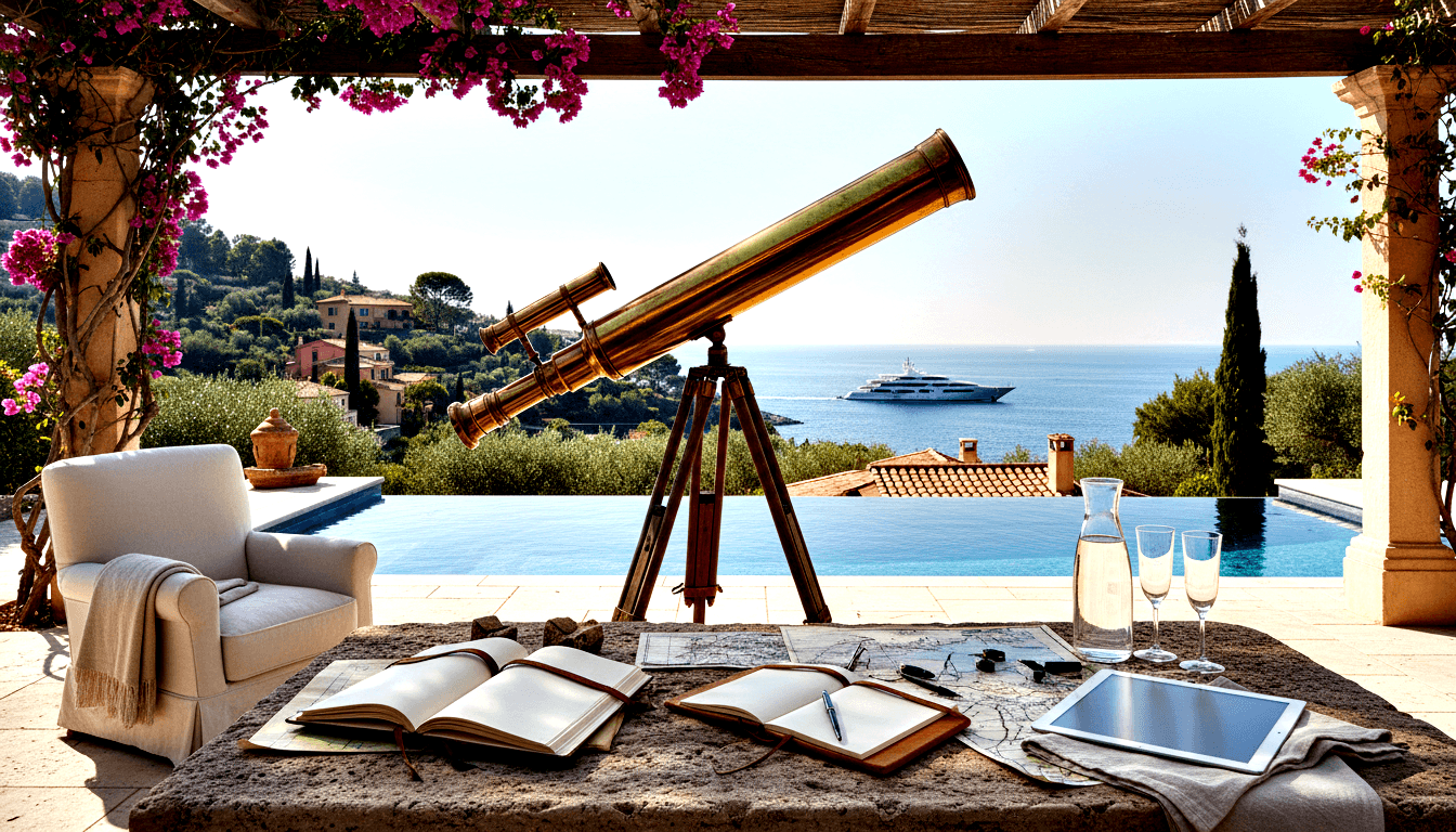 Brass telescope on wooden tripod on stone terrace aimed at a calm blue sea with a large white yacht.