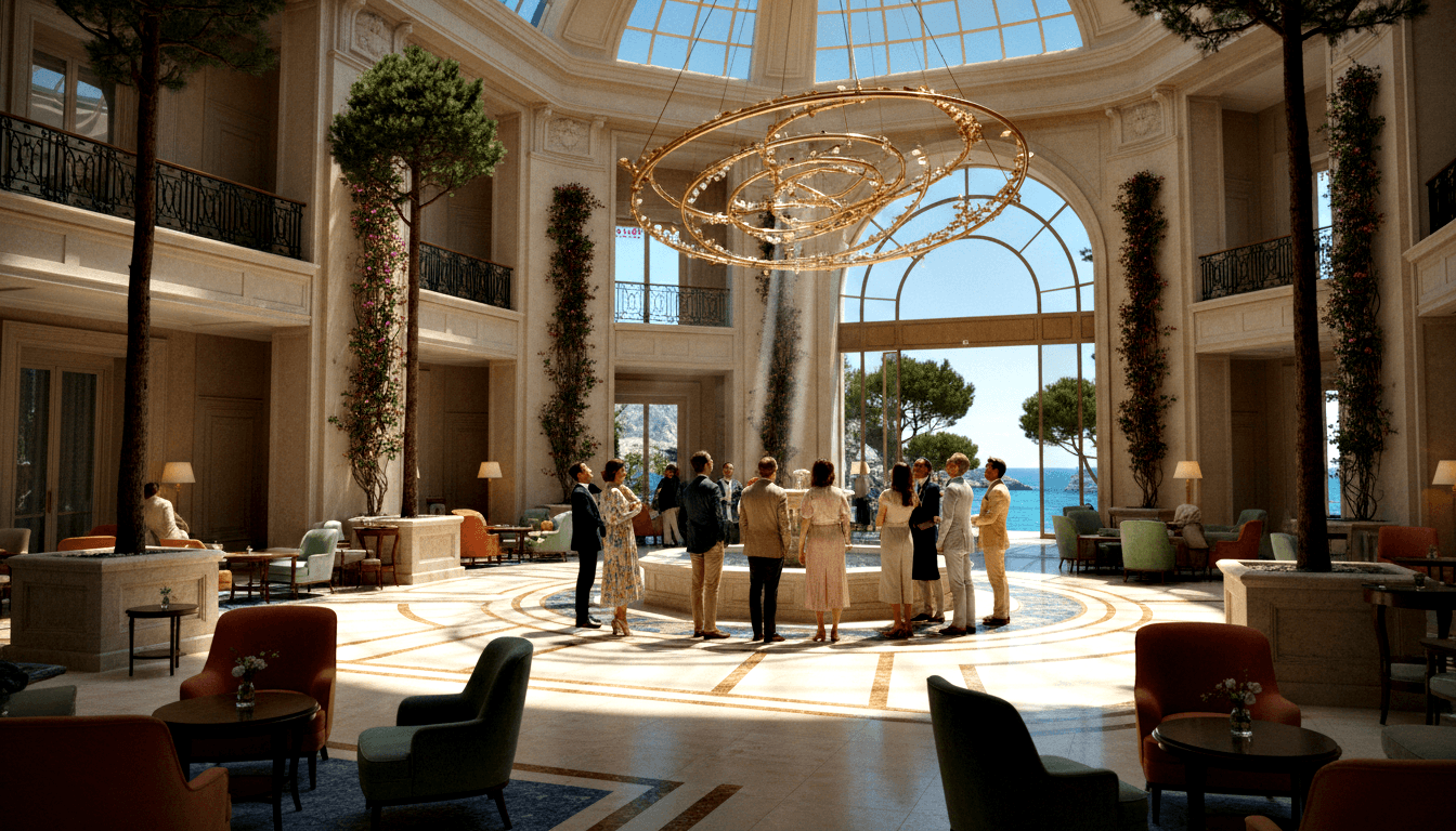 Neoclassical lobby with domed glass skylight, Corinthian columns, wrought-iron balconies, marble floor, and rear arches revealing turquoise sea.