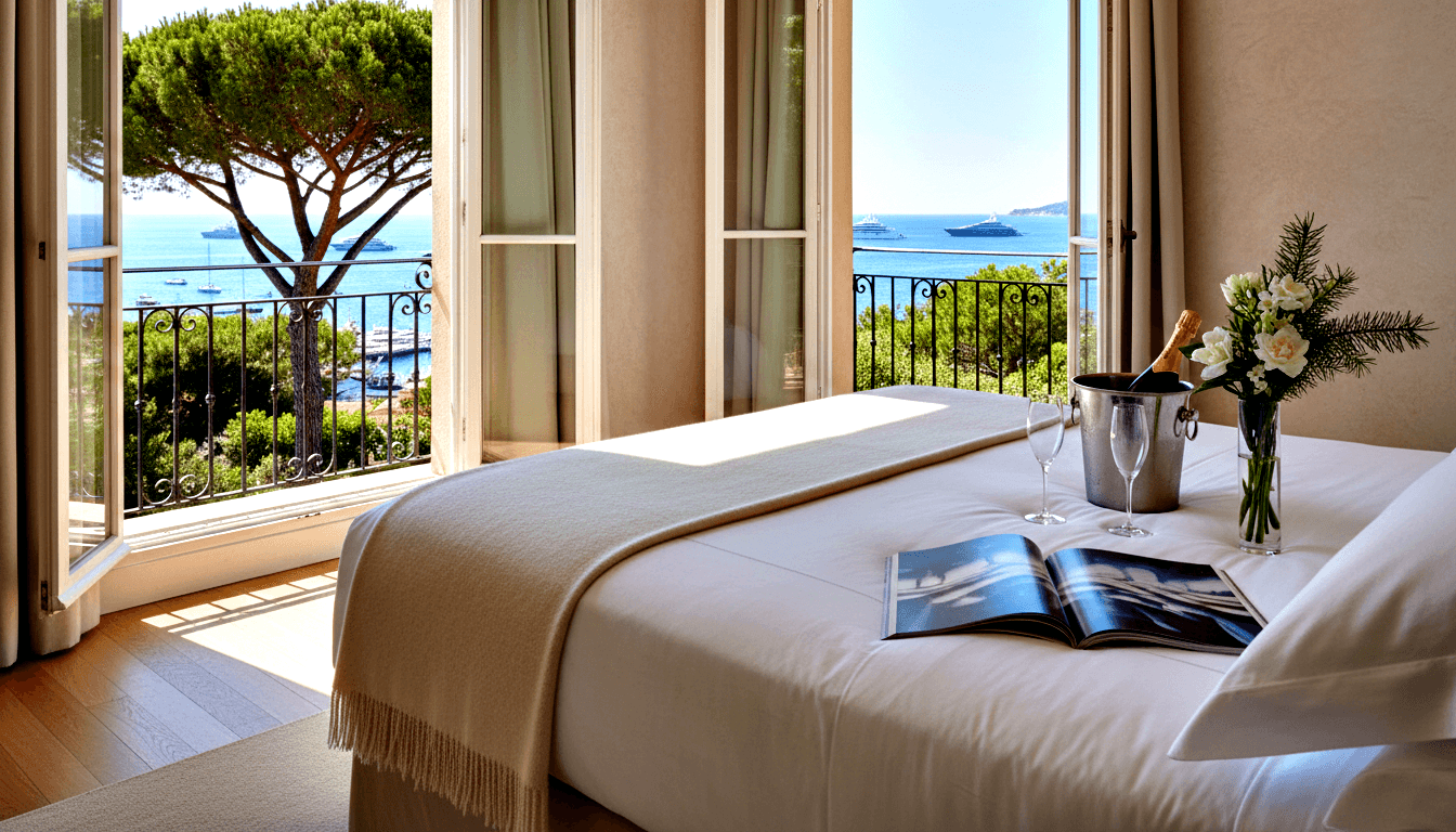 Hotel room with white-linened bed, champagne flutes, floral arrangement, and open French doors revealing a coastal view with yachts.