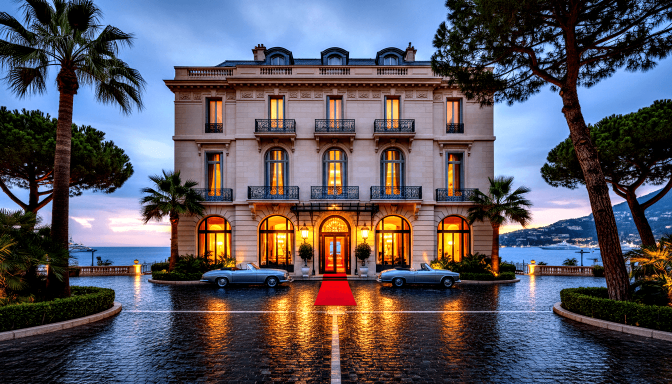 Beaux-Arts cream stone building, ornate balconies, two vintage silver convertibles flanking red carpet on wet cobblestones at dusk.