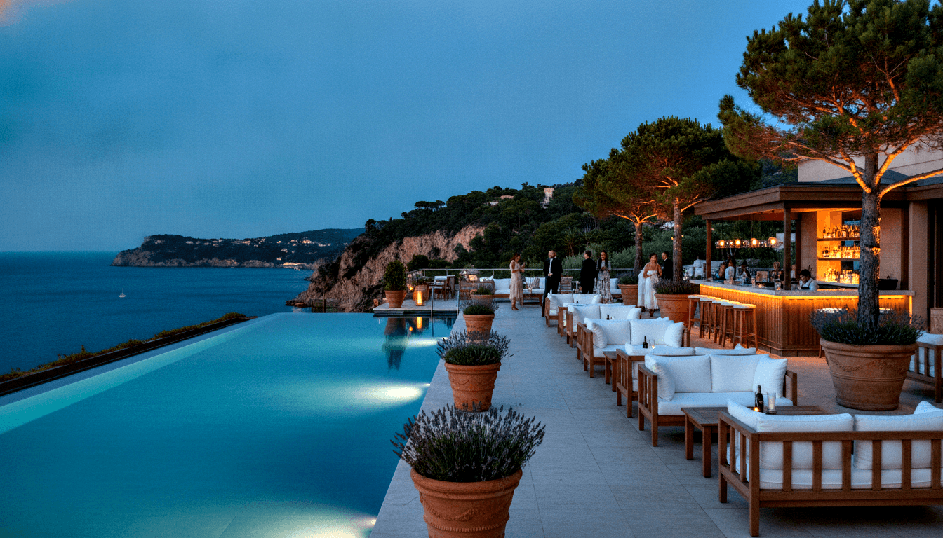 Elevated terrace at dusk with teal infinity pool, lit wooden bar, teak sofas, and six to eight people in evening attire overlooking calm sea.