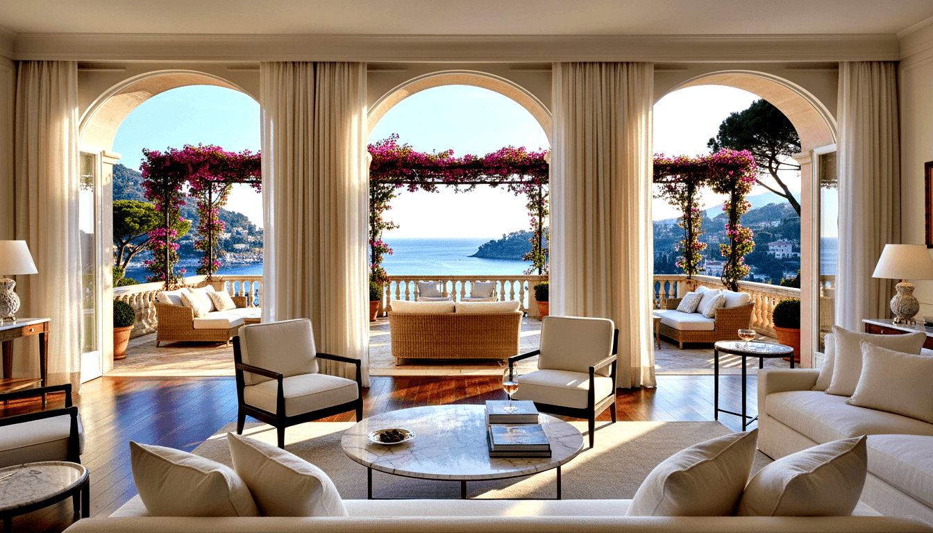 Cream living room with arched openings leading to a terrace with pink bougainvillea, umbrella pines, and calm blue sea beyond.