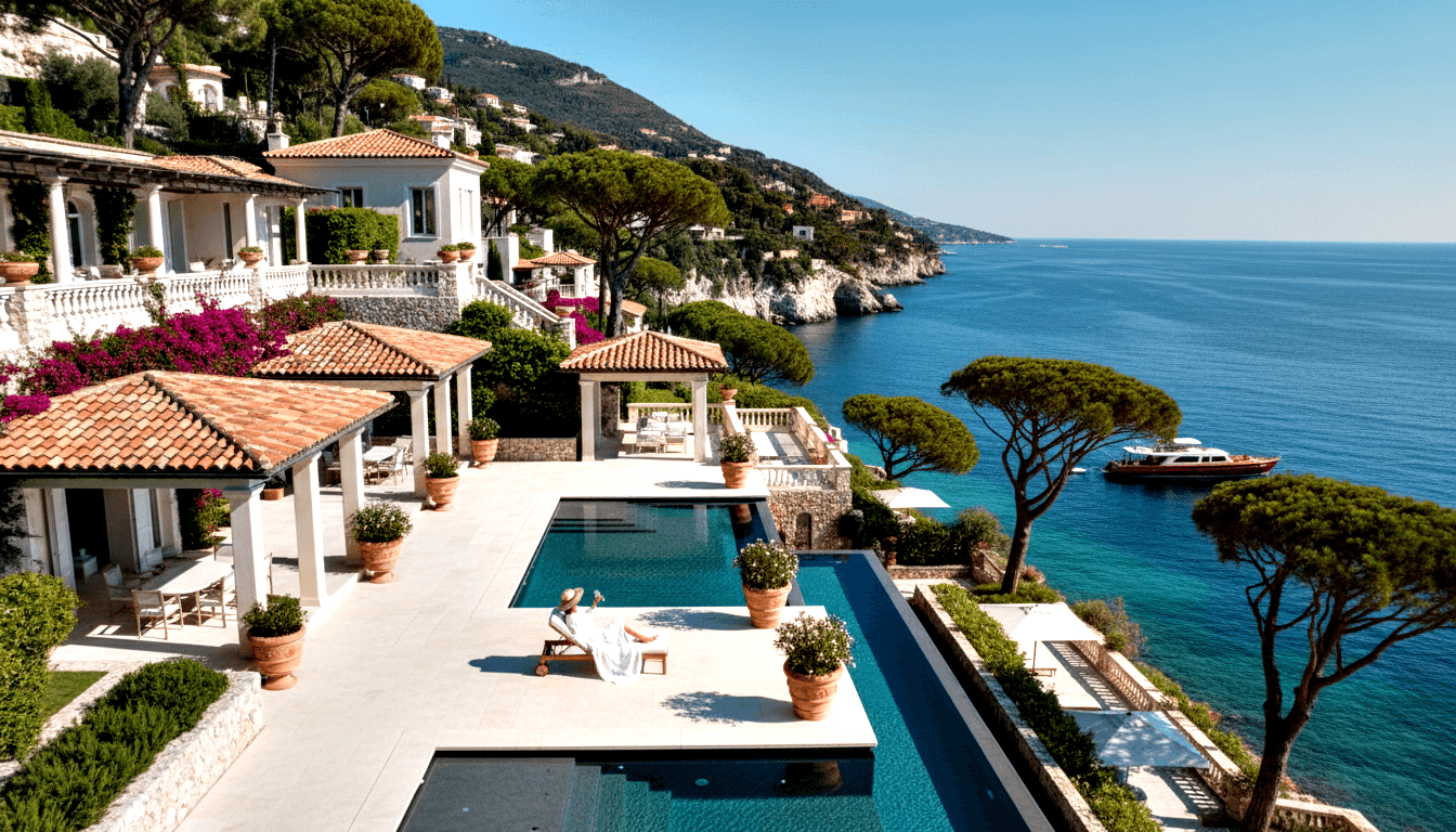 Woman in wide-brimmed hat reclining on lounger beside infinity pool at terraced coastal villa with bougainvillea and sea view.