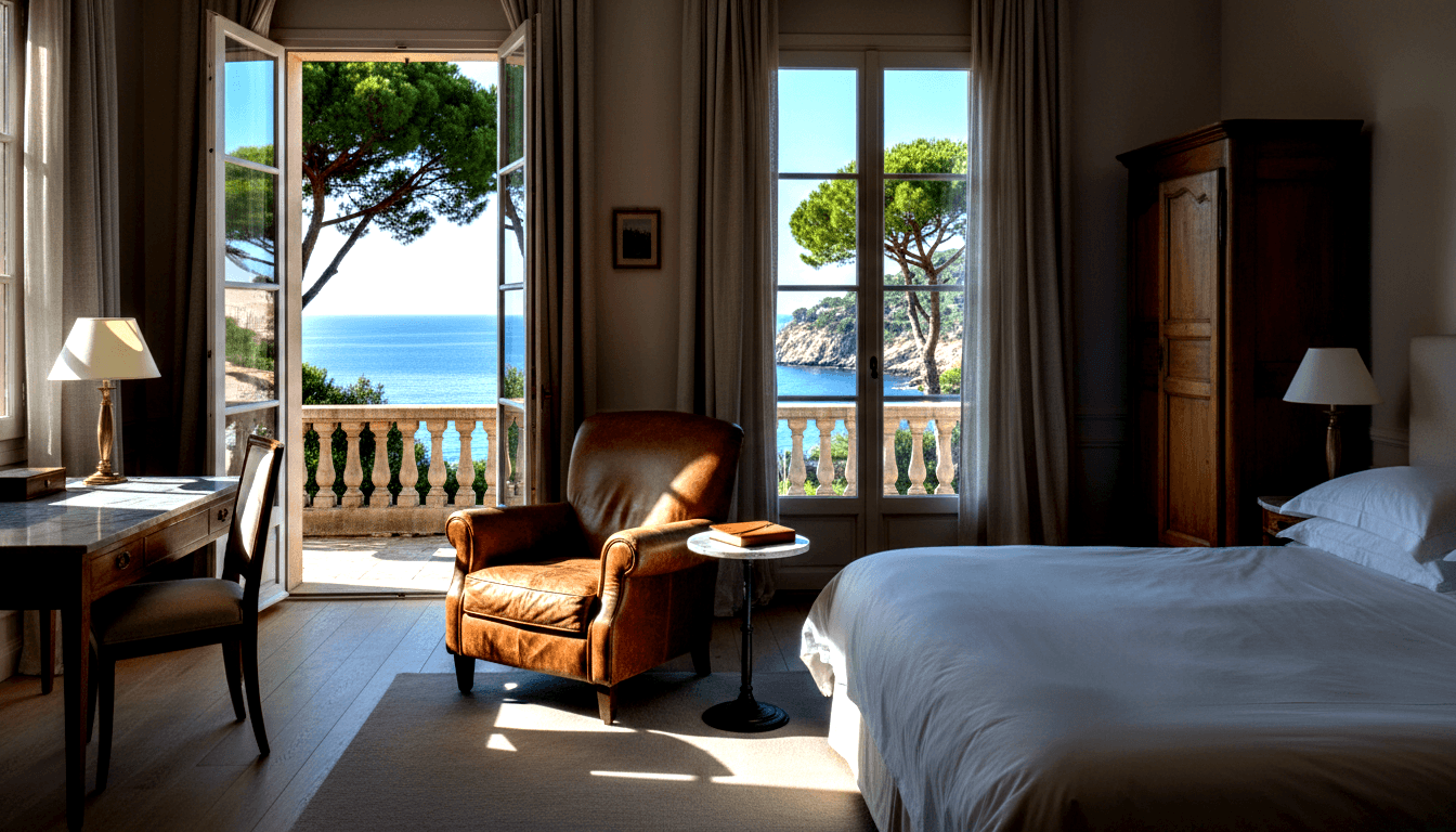 Bedroom with white-linened bed, cognac leather armchair, dark wood desk, and open French doors to a balcony overlooking a deep-blue sea.