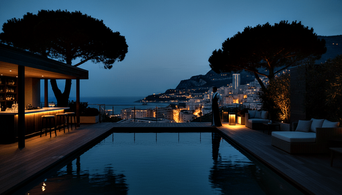 Infinity pool on wooden terrace at twilight, open-air bar left, lounge right, solitary figure facing lit coastal city and mountain silhouettes.