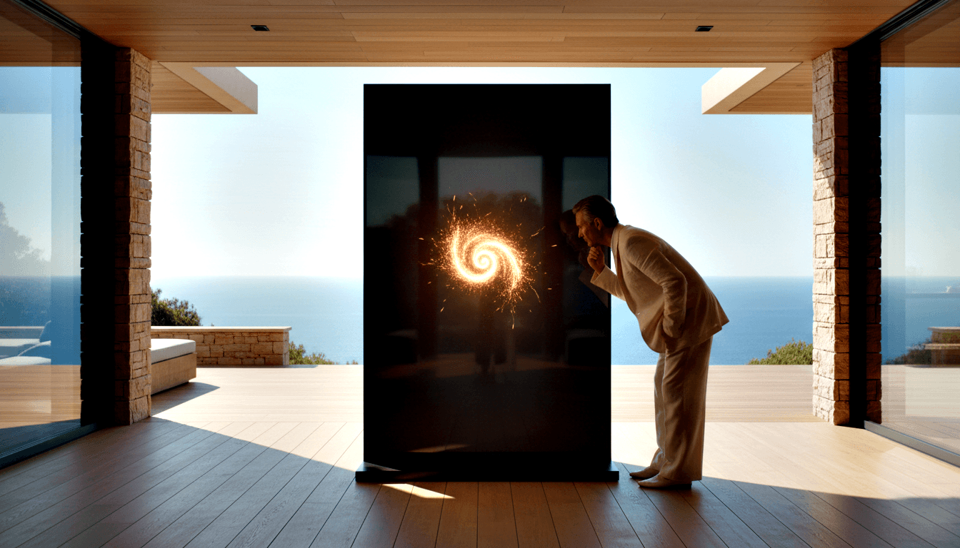 Man in cream suit inspects black panel emitting glowing golden-orange spiral fire vortex indoors, sea and blue sky beyond.
