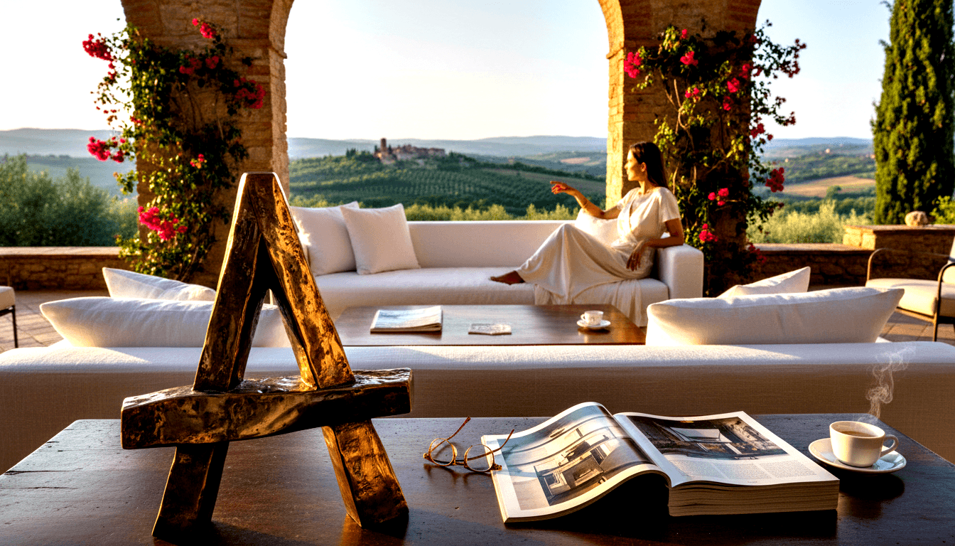 Woman reclines barefoot on white sofa under vine-draped stone arches, gazing at rolling green hills and cypress trees in warm golden light.