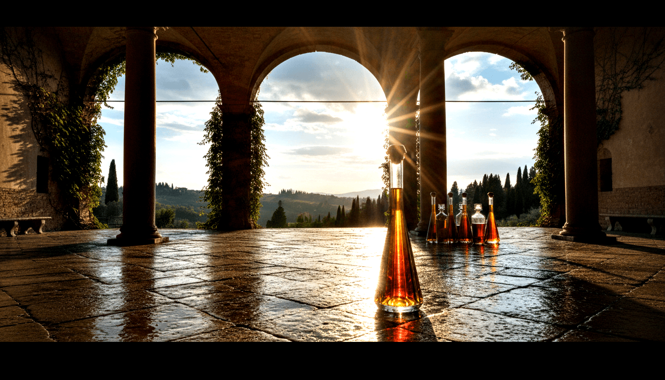 Tall conical decanter with amber liquid flanked by smaller bottles on wet stone tiles, ivy arches and cypress trees behind.