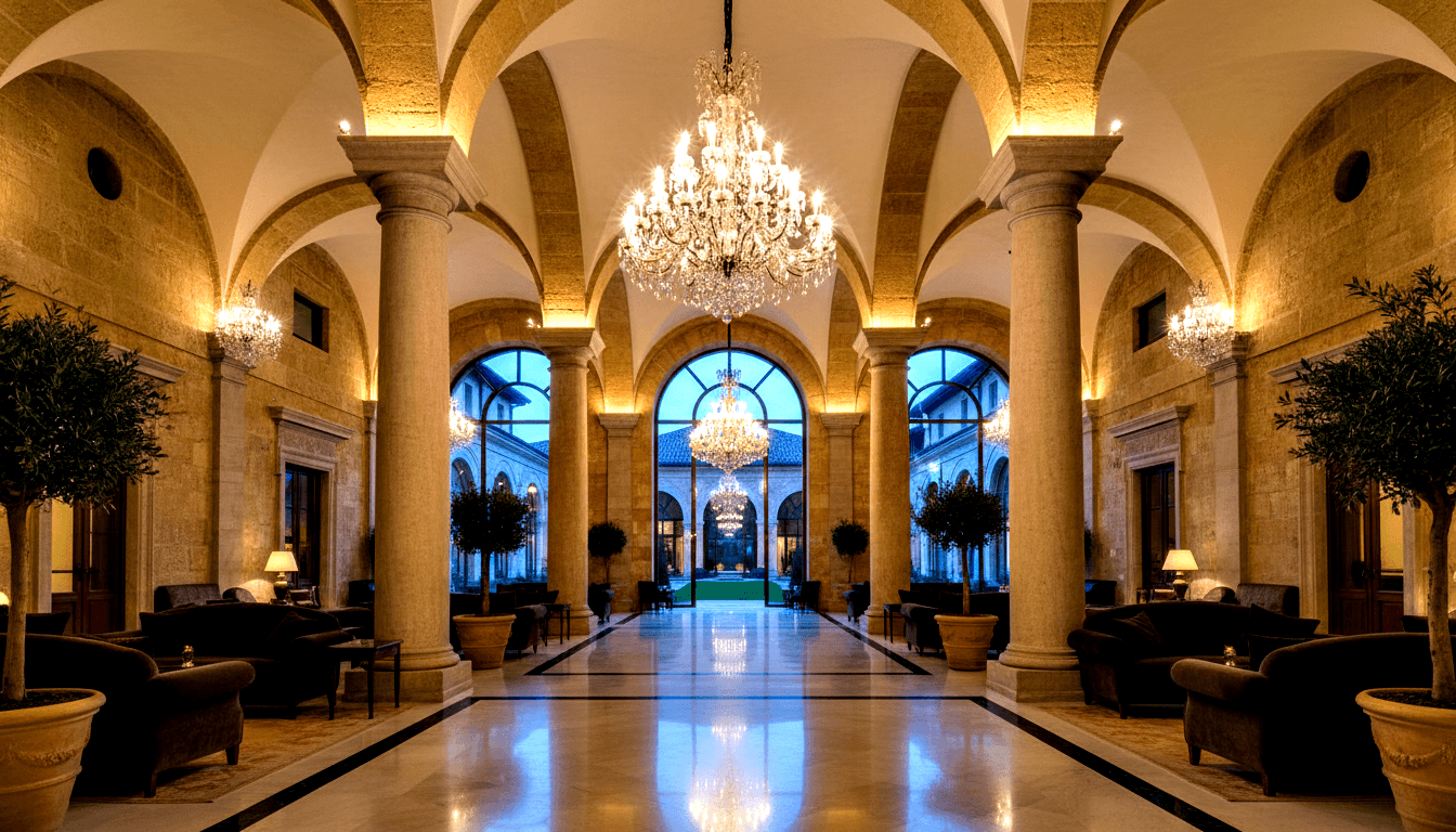 Palatial corridor: stone columns, groin-vaulted ceiling, crystal chandeliers, dark armchairs, glazed archway with twilight courtyard.