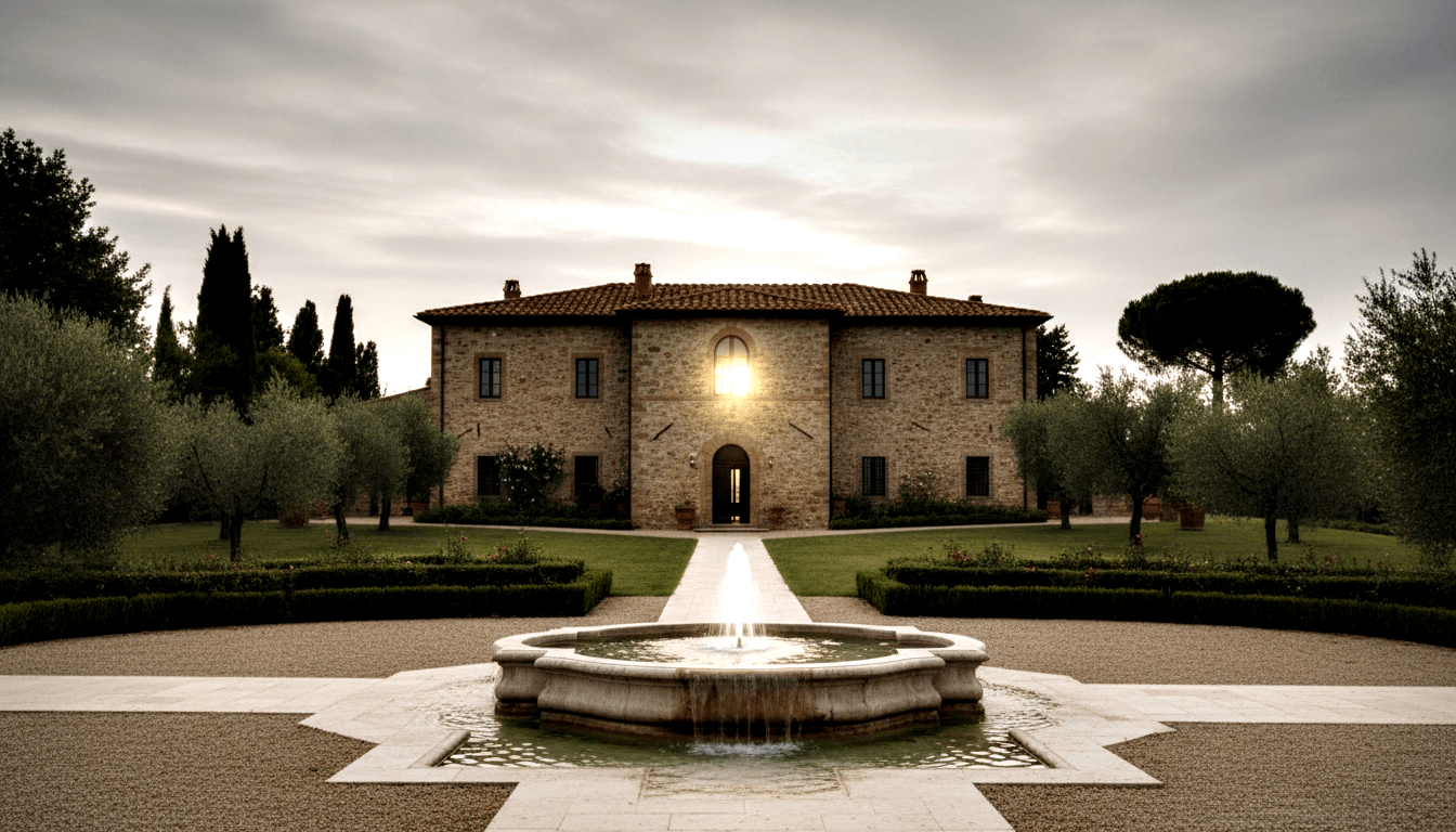 Symmetrical stone villa, terracotta roof, glowing arched doorway, cypress trees, formal garden with box hedges and circular fountain.