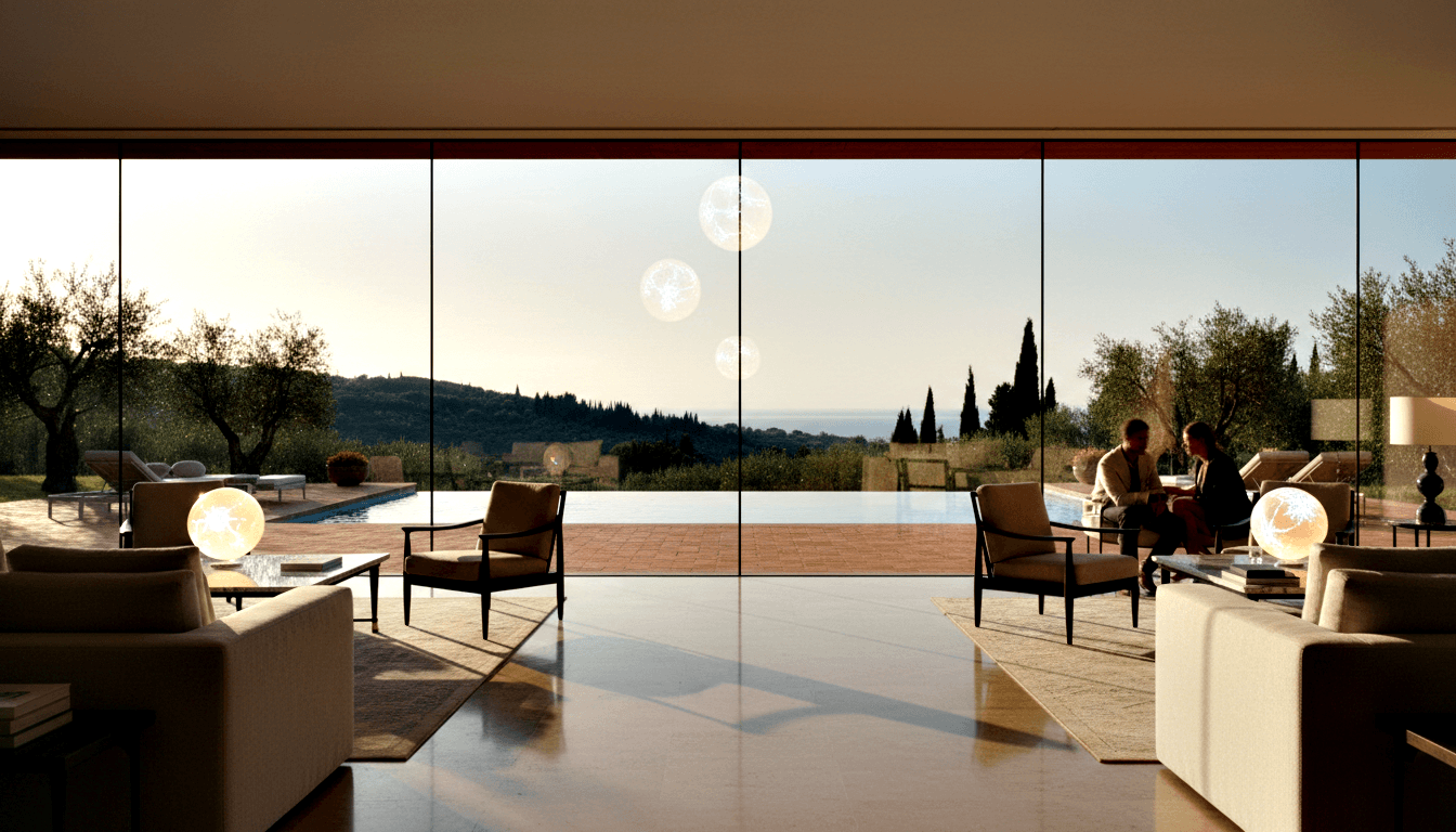 CGI open-plan lounge with floor-to-ceiling glass overlooking infinity pool, rolling hills, trees, and distant water in late-afternoon light.