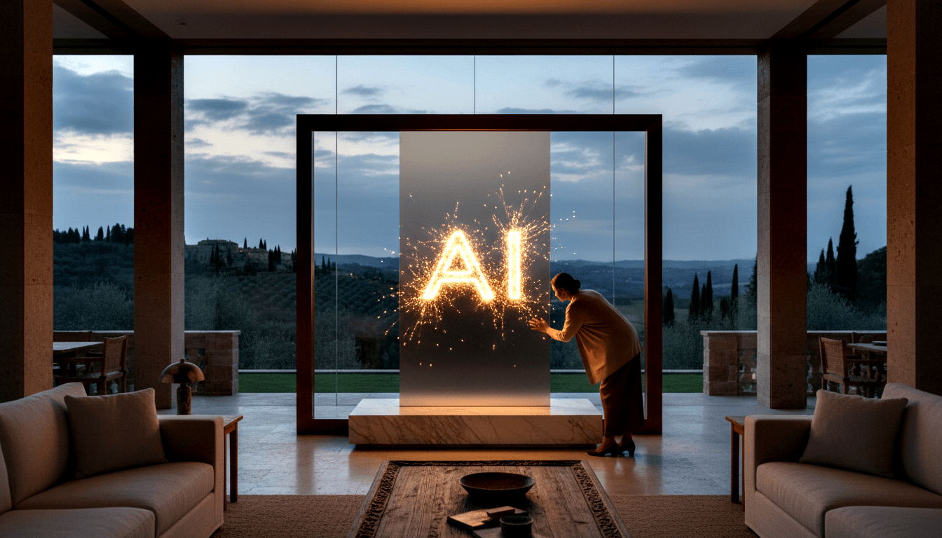Adult in tan sweater leans forward toward a glowing transparent display panel showing 'AI' in amber light on a white marble pedestal.