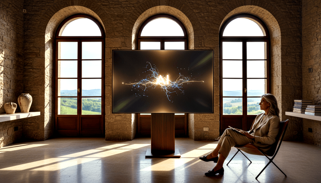 Woman in beige suit sits cross-legged with tablet, facing flatscreen showing glowing branching light in stone-walled arched-window room.