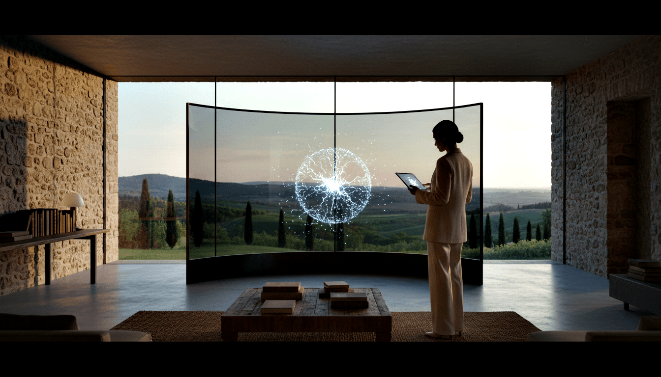 Woman in beige blazer and wide-leg trousers holds tablet before large curved transparent screen showing glowing blue-white networked sphere.