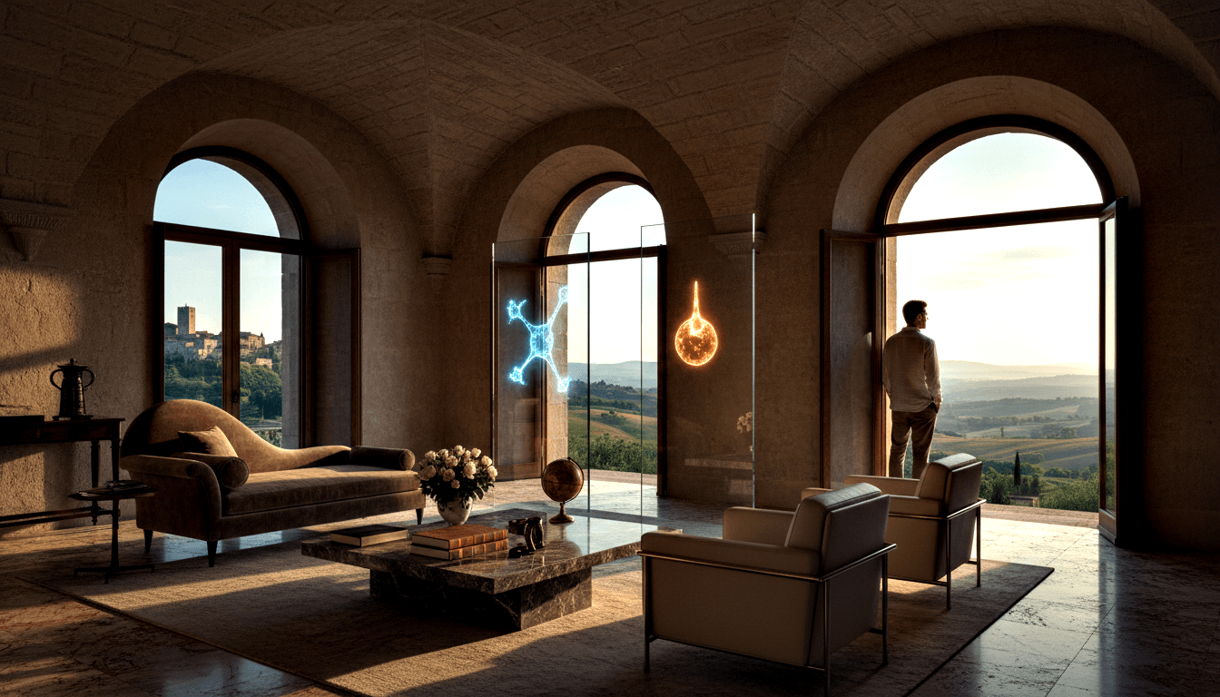 Stone-vaulted interior with cream sofas opens through arched doorways to green hills, cypress trees, and hilltop medieval settlement.