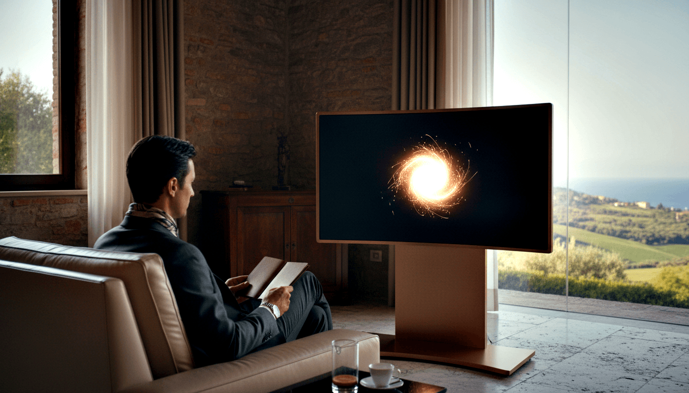Man in dark suit sits cross-legged in tan leather armchair, viewing a large TV on a copper sculptural pedestal showing a golden swirling vortex.