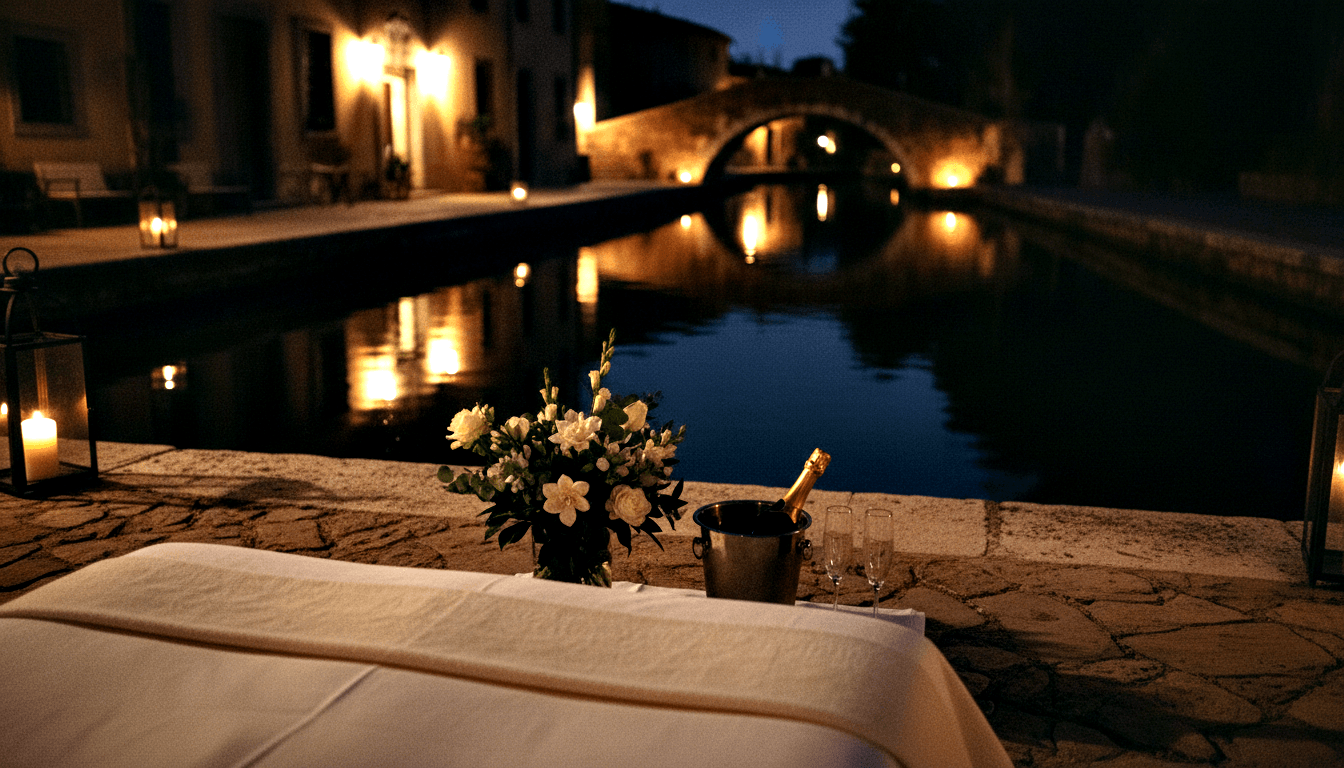 White linen table with champagne in ice bucket, two flutes, white roses, glass lantern, and candles beside a still canal at night.