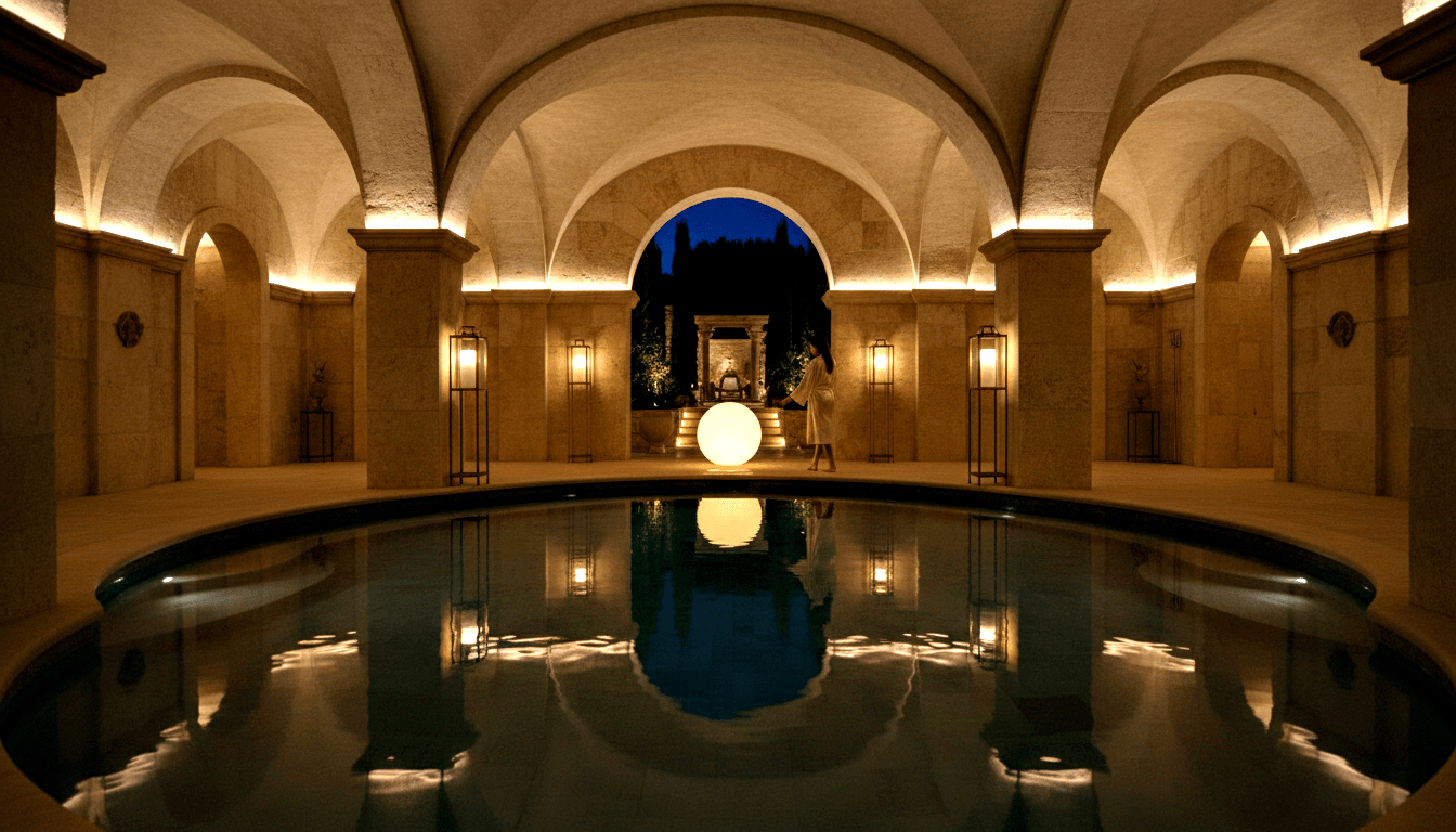 Indoor pool with stone vaulted ceilings and arched colonnades reflected in dark water; robed figure stands at edge near glowing white sphere.