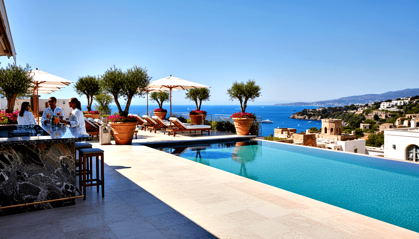 Coastal terrace infinity pool merging with cobalt sea; three guests at marble bar, cream umbrellas, olive trees, sailboat visible.