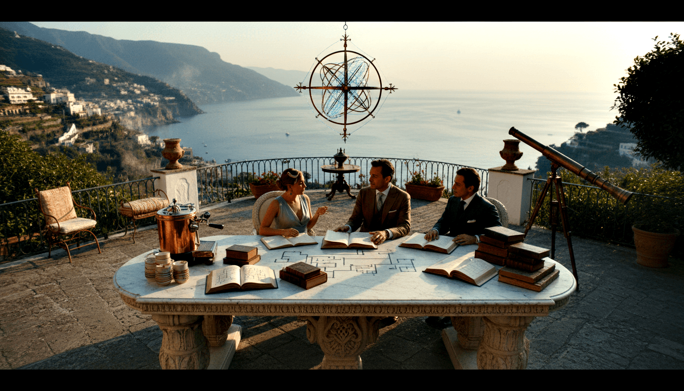 Three adults at a carved marble table on a terrace with books, documents, a floor plan, bronze urn, and brass telescope; armillary sphere above.