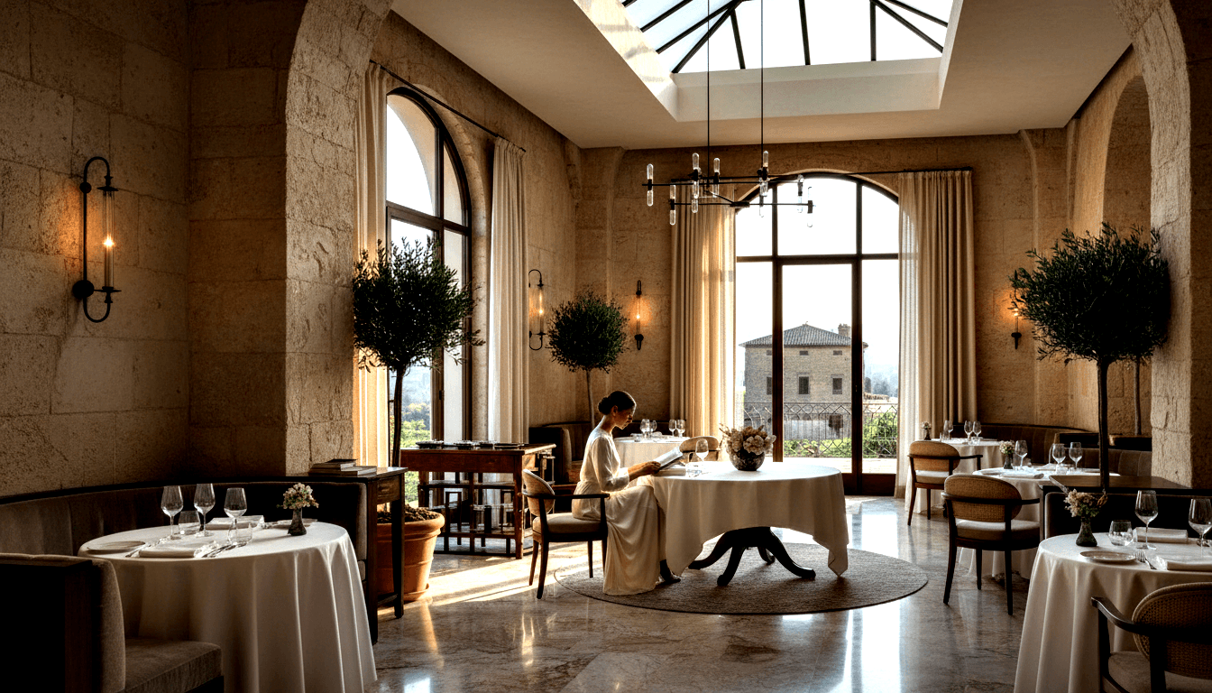 Woman in white sits alone at a formally set round table in a stone-walled dining room with arched windows and glass skylight.