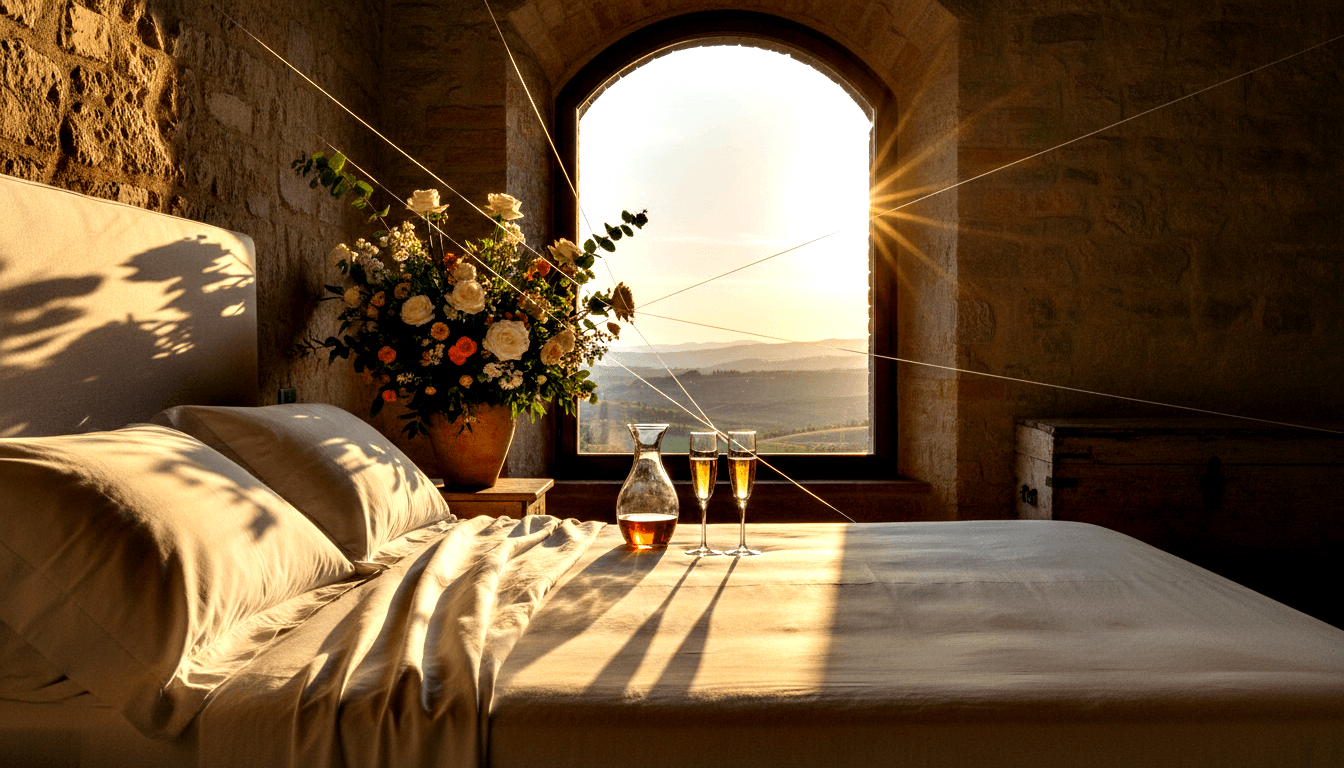 Stone-walled bedroom, arched window overlooking hills, golden sunlight, linen bed, flower vase, champagne flutes, amber decanter.