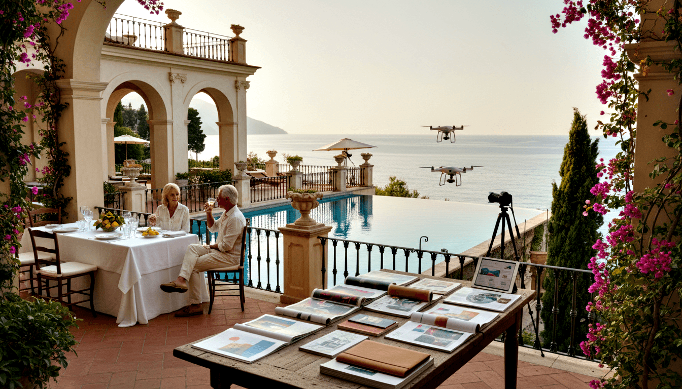 Couple toasting with wine on villa terrace with arched colonnades, two hovering drones, infinity pool, and turquoise sea beyond.