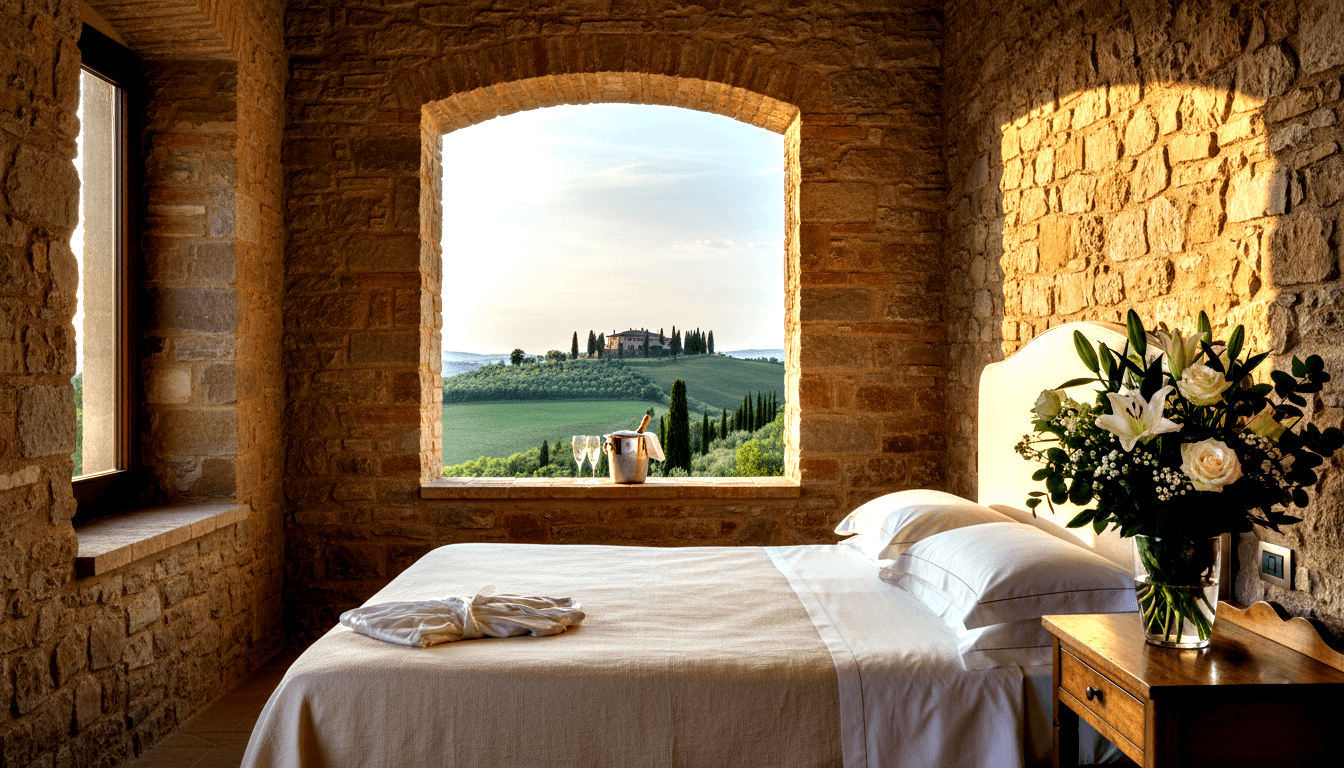 Stone-walled bedroom, double bed with white linens, arched window overlooking green hills, cypress trees, hilltop farmhouse.