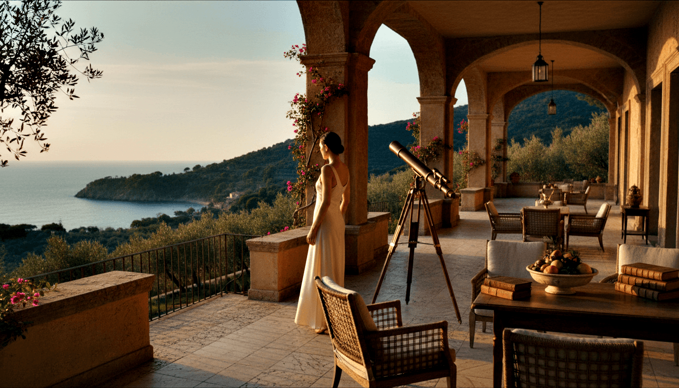 Dark-haired woman in white sleeveless gown stands in profile on stone terrace with arched columns overlooking calm sea at golden hour.