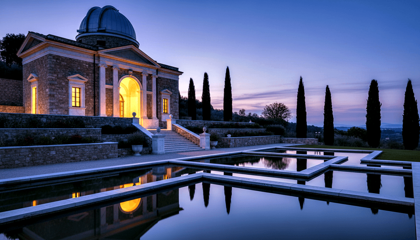 Neoclassical stone building with twin silver observatory domes, glowing arched entrance reflected in foreground pools at dusk.