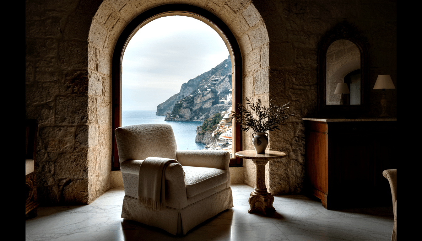 Cream armchair with throw before arched opening framing coastal cliffs and village; marble table holds olive branch vase.