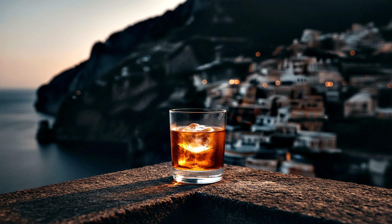 Rocks glass with amber spirit and large ice chunk on a stone ledge, backlit buildings cascading down cliffs toward gray-blue water.