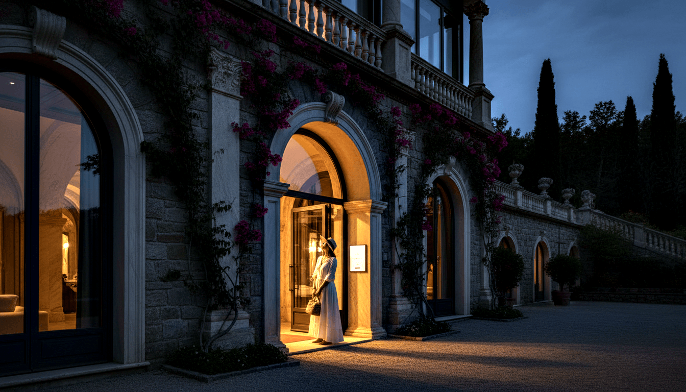 Stone building at blue hour with arched doorways and magenta vines; woman in white dress and wide-brimmed hat stands in lit entrance arch.