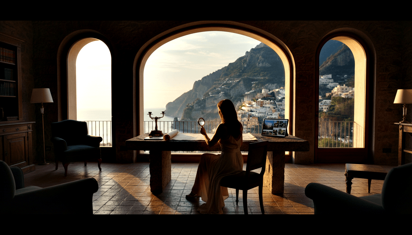 Woman in cream gown examines scroll with magnifying glass; arch reveals coastal cliff town in golden light. Chiaroscuro.