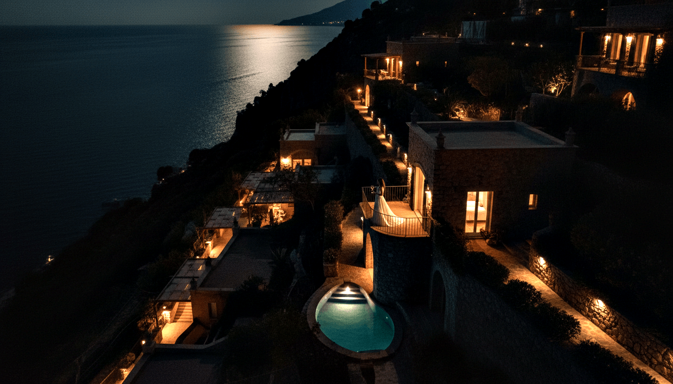 Stone villa on coastal cliff at night, amber-lit terraces, glowing turquoise pool, lone figure in white gown facing the sea.