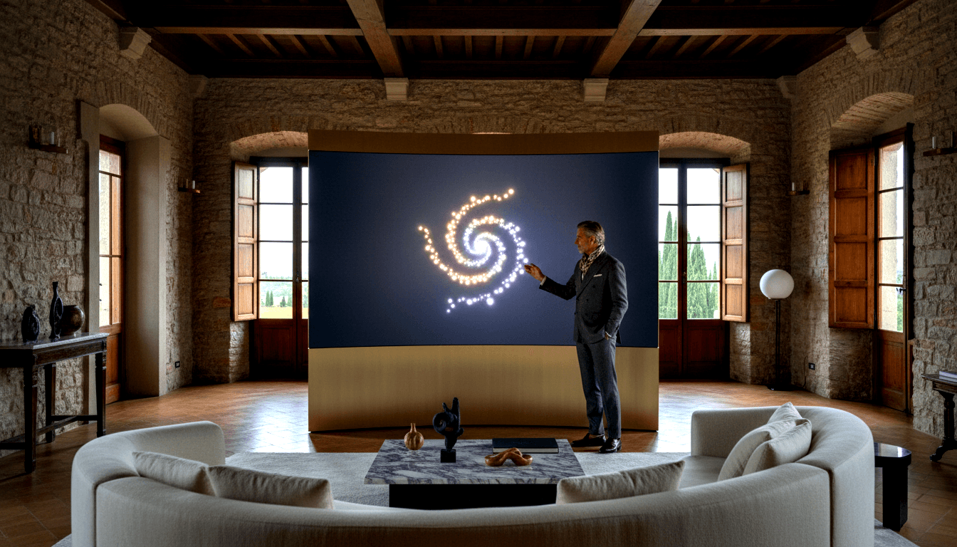 Gray-haired man in gray suit raising hand toward large display panel with luminous spiral of glowing dots, in stone-walled interior.