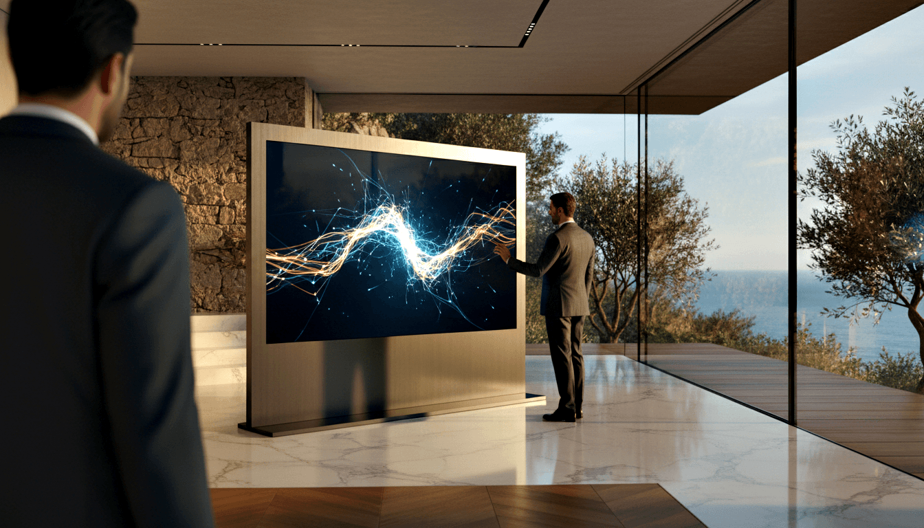Two men in dark suits flank a gold-framed display panel showing a glowing energy wave, with marble floors and stone walls.