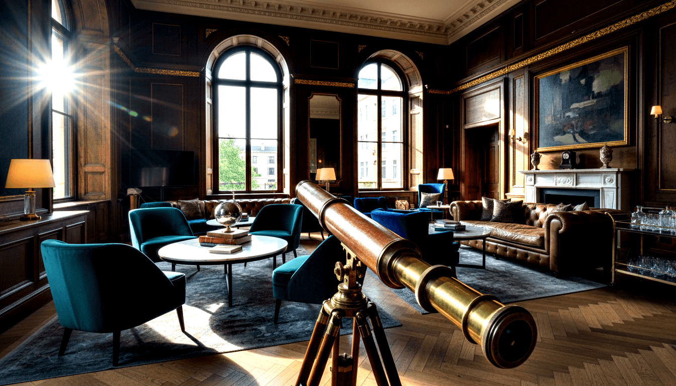 Antique brass and wood telescope on wooden tripod in a paneled room with herringbone parquet floor, leather seating, and white marble fireplace.