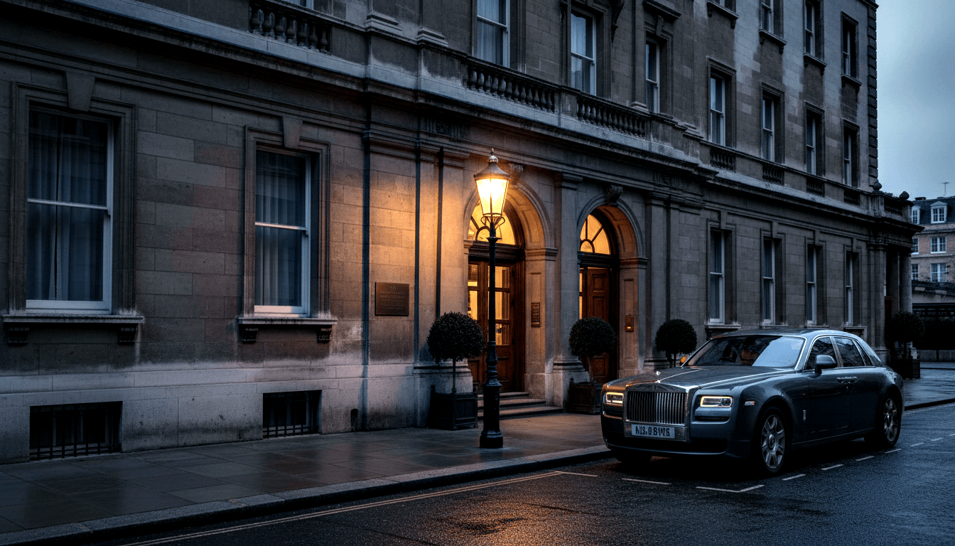 Steel-grey luxury sedan on wet street before a neoclassical stone building with arched doors, topiary shrubs, and a lit cast-iron lamp.