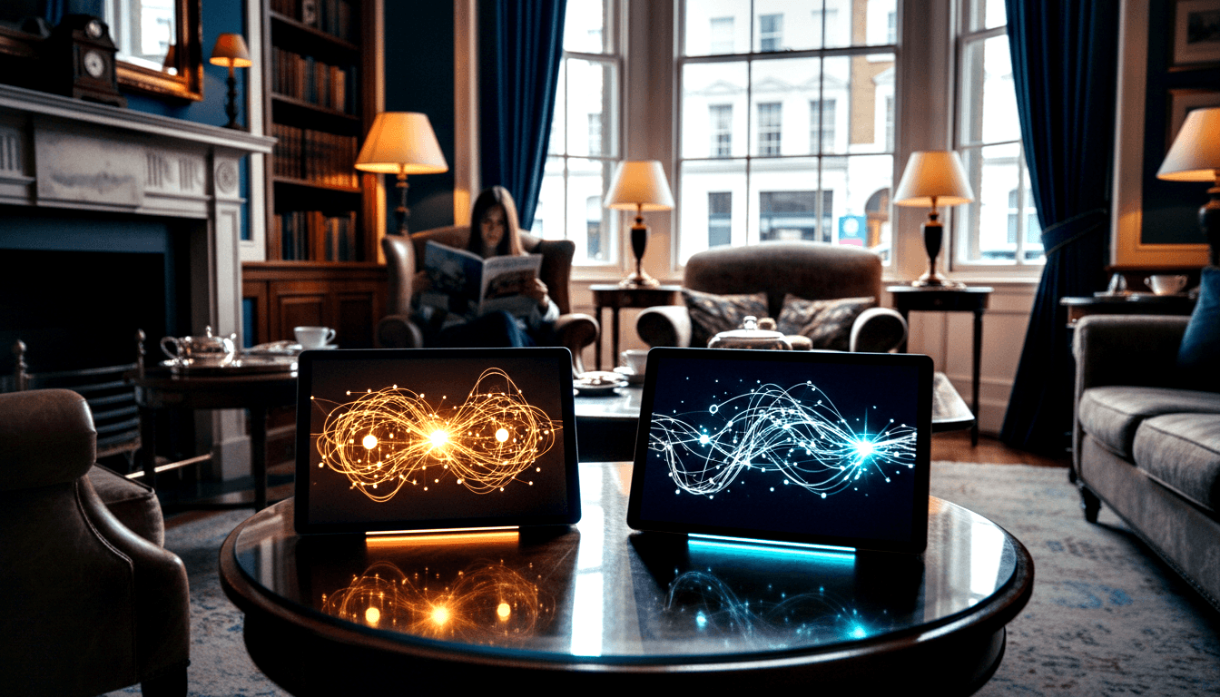 Two tablets on a dark wood coffee table showing orange and cyan glowing visualizations, with a woman reading in a leather armchair behind.