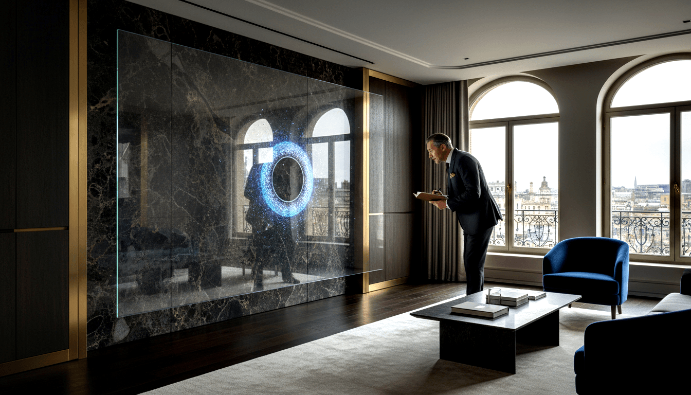 Man in navy suit holding a book examines a glowing blue ring on a glass panel set in dark marble wall with gold trim.