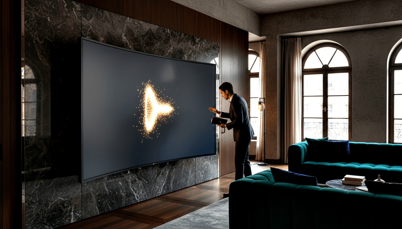 Man in dark suit gesturing toward a wall-mounted TV showing a glowing golden play button with particle sparks.