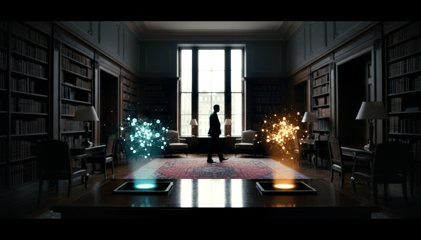 Silhouetted figure in formal attire walks through grand library flanked by two large floating network visualizations in blue and amber.