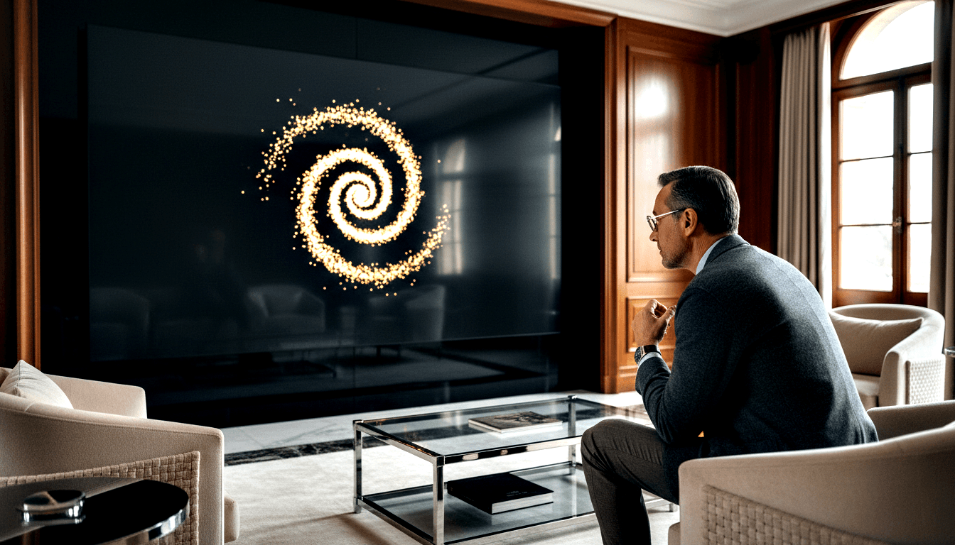 Middle-aged man with glasses and dark hair sits leaning forward in a dimly lit room with wood paneling and a flat-screen showing a golden spiral.