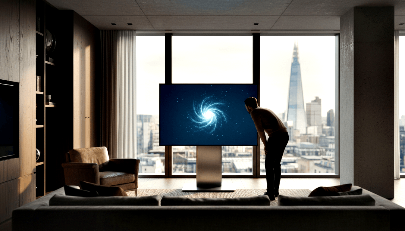 Male in dark clothing leans toward a flat-panel display on a metallic pedestal showing a blue-white spiral vortex in a dim high-rise living room.