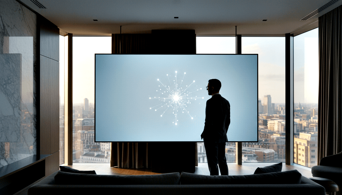 Silhouetted man in dark suit and glasses before a large screen showing a network diagram with bright central node and radiating lines.