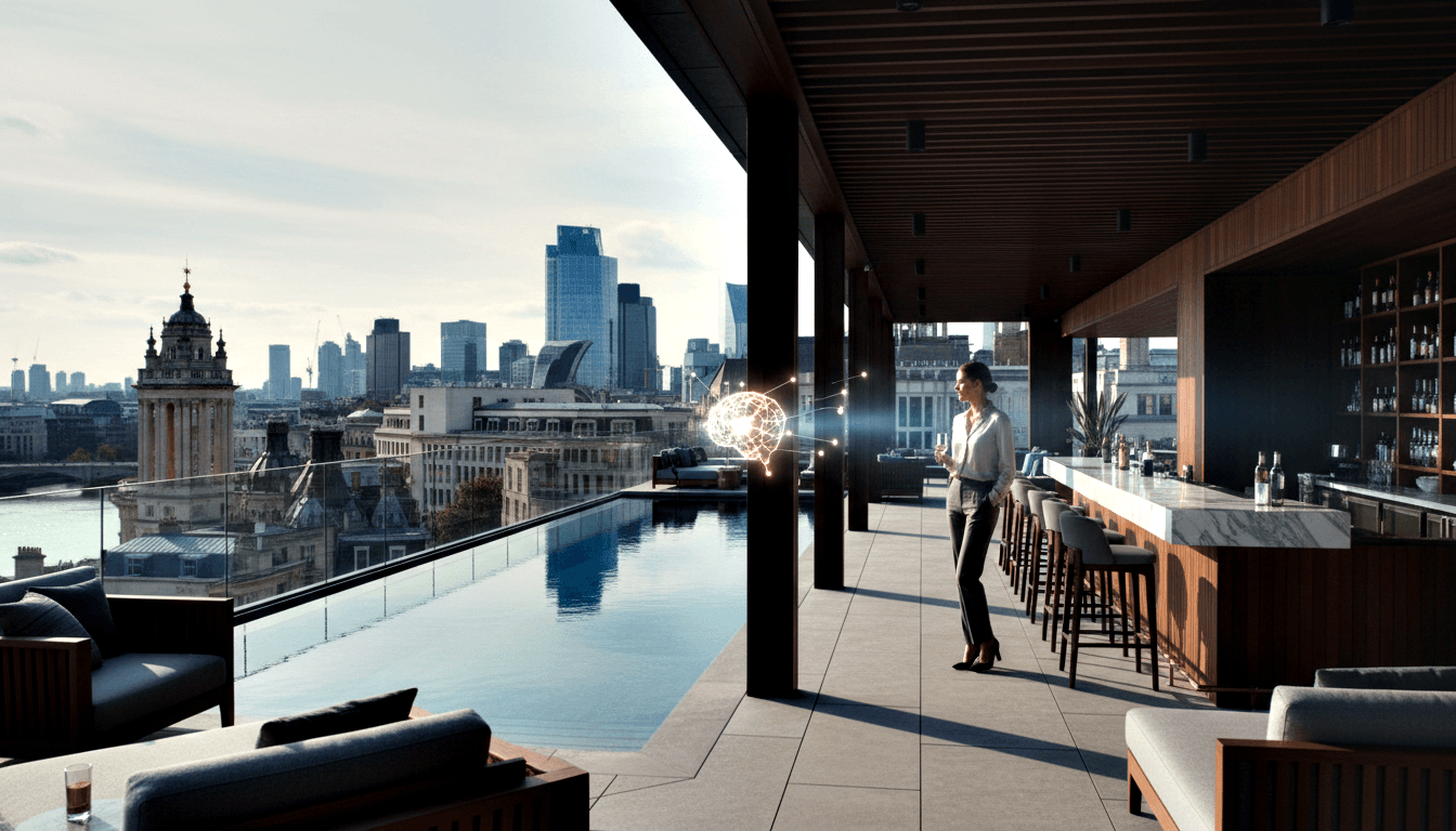 Rooftop bar with infinity pool and city skyline; woman in white blouse gestures at glowing holographic brain with radiating nodes.