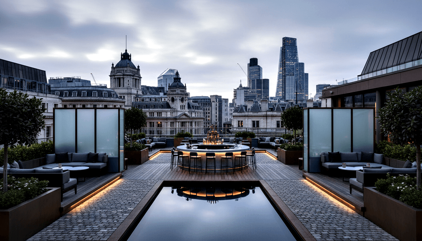 Rooftop terrace with circular bar, tiered bottle display, topiary, lounge seating, and amber-lit rectangular pool at dusk.