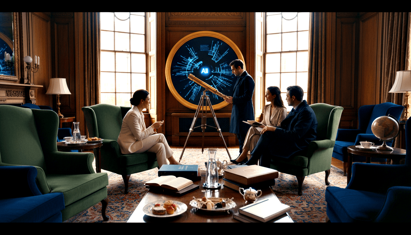 Four people in suits in a wood-paneled study with fireplace; woman in cream pantsuit gestures near a glowing circular blue AI display.